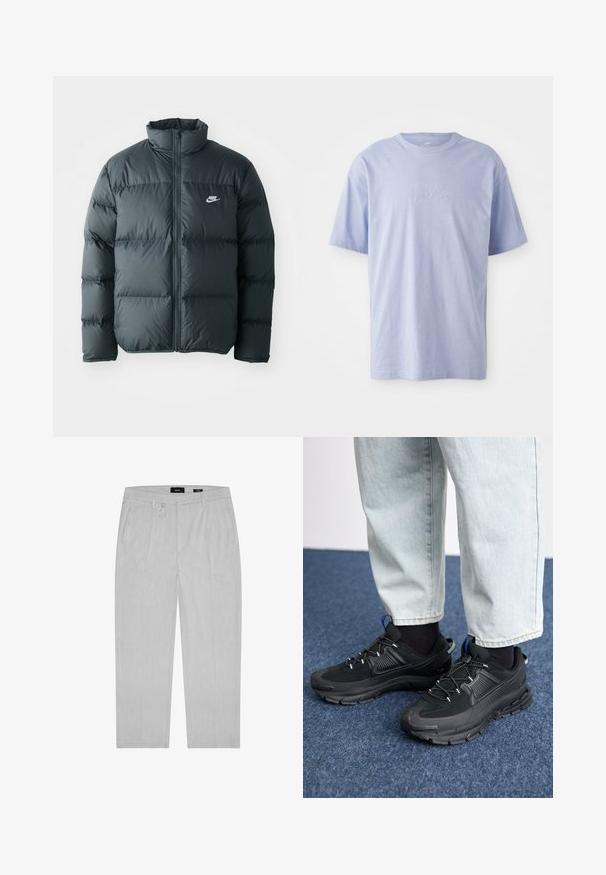 Chaqueta de plumas negra con secciones acolchadas, cuello alto y cremallera frontal. Presenta un pequeño logo blanco de Nike en el pecho.; Camiseta de algodón azul claro con escote redondo y mangas cortas. Presenta un logo "nike" en relieve en el centro del frente. Textura suave.; Pantalones gris claro con una textura sutil, con pliegues frontales, bolsillos laterales y un lazo para cinturón. Diseño de pierna recta, estilo minimalista.; Zapatillas deportivas negras con tejido texturizado y suelas de goma, con cordones elásticos y un acento azul en el talón. Combinadas con pantalones de mezclilla claros.