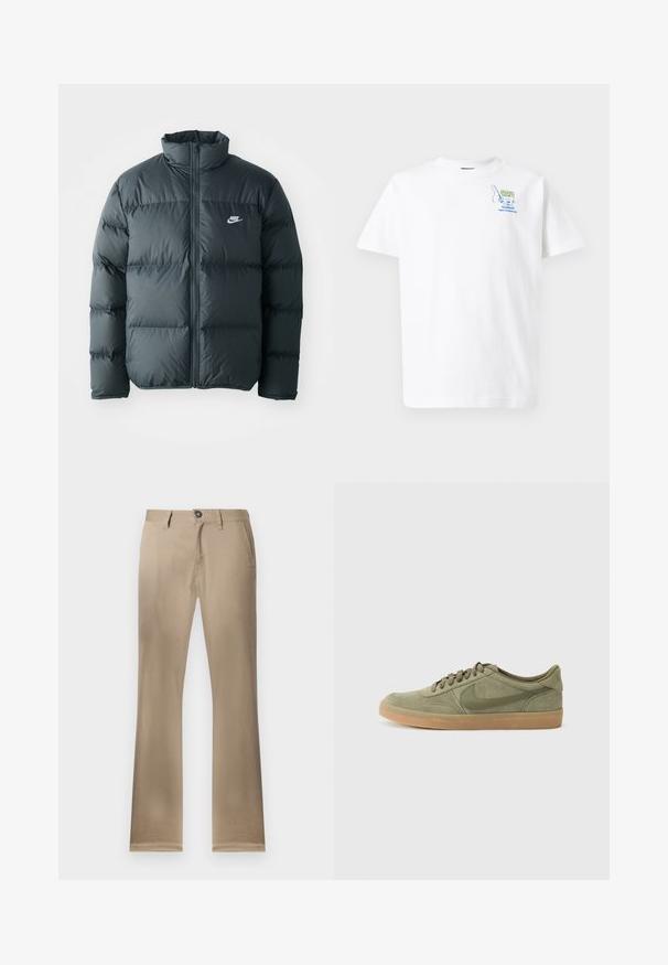 Zwarte pufferjas met gestikte delen, hoge kraag en een rits aan de voorkant. Heeft een klein wit Nike-logo op de borst.; Witte katoenen T-shirt met een blauwe afbeelding van een frietzak en de tekst "new balance" op de linkerborst. Korte mouwen, ronde hals.; Beige katoenen broek met een recht model, enkele knoopsluiting, voorzakken en gestikte zoom. Soepele textuur, veelzijdige stijl.; Groene suède sneaker met een gumrubberen zool, ronde neus en vetersluiting. Voorzien van het kenmerkende logo van Nike in een donkerder groen.