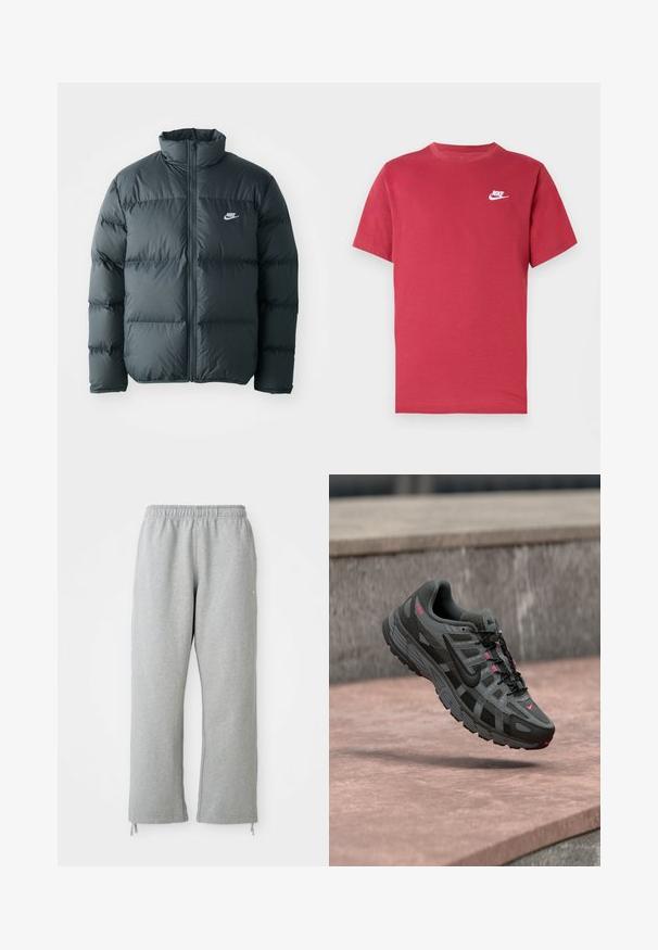 Schwarze Pufferjacke mit gesteppten Abschnitten, hohem Kragen und frontalem Reißverschluss. Verfügt über ein kleines weißes Nike-Logo auf der Brust.; Rotes Nike-T-Shirt mit kurzen Ärmeln, weißem Logo auf der linken Brust, Rundhalsausschnitt und schlichtem Design auf neutralem Hintergrund.; Graue Sweatpants mit einem elastischen Bund, geraden Beinen und Kordelzug-Akzenten am Saum. Hergestellt aus weichem, strukturierter Stoff.; Grauer und schwarzer Nike-Sneaker mit pinkfarbenen Akzenten schwebt mittig über einer Steinoberfläche und zeigt seitliche sowie obere Details.