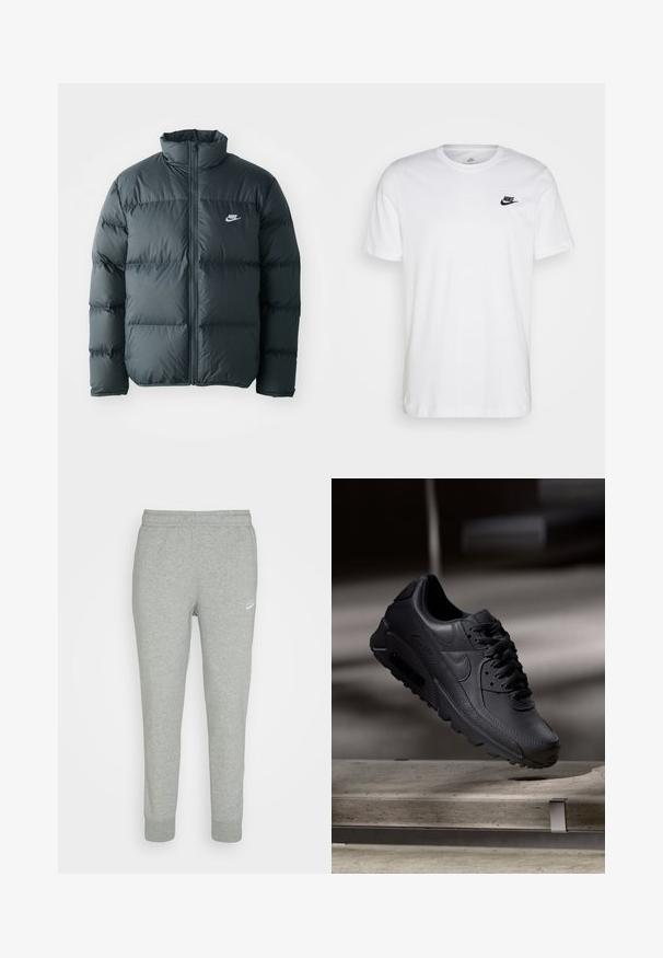 Čierna pérová bunda s prešívanými časťami, vysokým golierom a predným zipsom. Na hrudi sa nachádza malé biele logo Nike.; Biela bavlnená tričko s okrúhlym výstrihom, krátkymi rukávmi a čiernym logom Nike na ľavej hrudi. Jednoduchý, jednofarebný dizajn.; Šedé tepláky z jemnej látky s úzkym strihom, elastickým pásom a malým bielym logom Nike na ľavom stehne.; Čierne tenisky Nike Air Max s textúrovaným koženým zvrškom, gumovou podrážkou a výrazným šnurovacím systémom, ktoré predvádzajú štýlový, moderný dizajn.