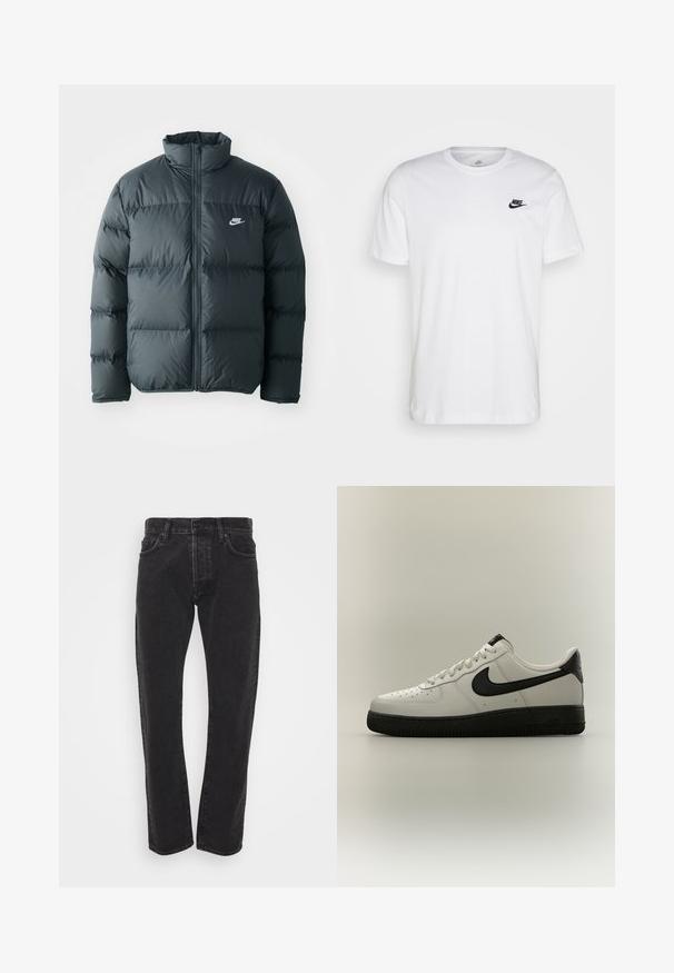 Sort pufferjakke med quiltede sektioner, høj krave og lynlås foran. Har et lille hvidt Nike-logo på brystet.; Hvid bomulds T-shirt med rund hals, korte ærmer og et sort Nike-logo på venstre bryst. Enkel, ensfarvet design.; Herre sorte lige ben denim jeans med frontknap og lynlås, fem lommer og bæltestropper på en ensfarvet hvid baggrund.; Lav-skoet hvid sneaker med sort Nike-swoosh, sort hælstrop og tyk sort sål på en neutral baggrund.