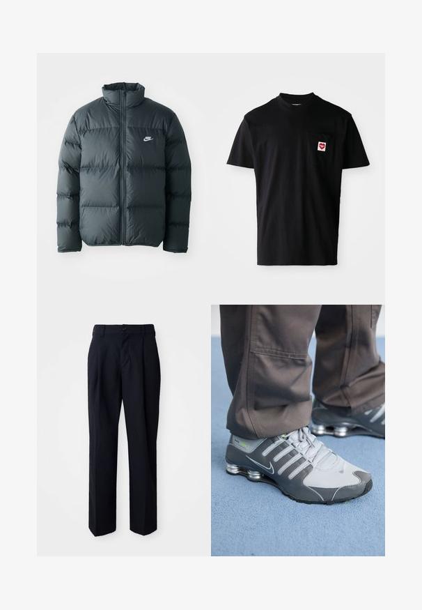Schwarze Pufferjacke mit gesteppten Abschnitten, hohem Kragen und frontalem Reißverschluss. Verfügt über ein kleines weißes Nike-Logo auf der Brust.; Schwarzes Baumwoll-T-Shirt mit rundem Halsausschnitt, kurzen Ärmeln und einer linken Brusttasche, die mit einem roten Herz-Patch und weißem Text versehen ist.; Schwarze Hosen mit geradem Schnitt, aus glattem Stoff. Verfügt über einen Bundknopf, Gürtelschlaufen und gefaltete Frontdetails für Struktur.; Graue und silberne Nike Shox Sneakers zeichnen sich durch ein schlankes Design aus, mit Netz- und Synthetikmaterialien, einer abgerundeten Zehenpartie und einem gepolsterten Schuhkragen.