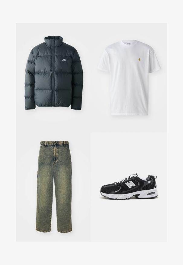 Čierna pérová bunda s prešívanými časťami, vysokým golierom a predným zipsom. Na hrudi sa nachádza malé biele logo Nike.; Biele bavlnené tričko s krátkymi rukávmi, okrúhlym výstrihom, s malým zlatým logom na ľavej strane hrude. Mäkká textúra a normálny strih.; Voľné denimové nohavice v bledom modrom a zelenom umývaní. Obsahujú zapínanie na gombík, pútka na opasok a bočné vrecká. Rovný strih a priame nohavice.; Čierne a šedé športové topánky s hornou časťou z mikrovlákna a zamatu, s bielou medzipodrážkou, šnúrkami a výrazným logom "N" na boku.