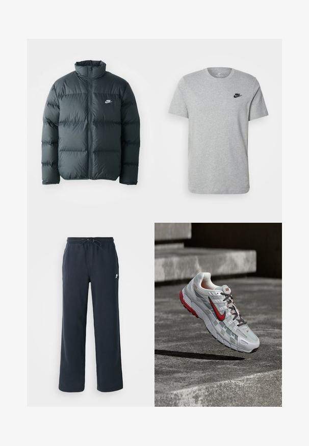 Schwarze Pufferjacke mit gesteppten Abschnitten, hohem Kragen und frontalem Reißverschluss. Verfügt über ein kleines weißes Nike-Logo auf der Brust.; Graues T-Shirt mit kurzen Ärmeln aus Baumwolle, mit einem schwarzen Nike-Logo auf der Brust und einem runden Ausschnitt. Minimalistisches Design ohne Muster.; Dunkelblaue Sweatpants mit einem elastischen Bund und Kordelzug. Hergestellt aus weichem Stoff, mit einem kleinen weißen Logo auf der linken Hüfte.; Weißer und grauer Nike-Laufschuh mit roten Akzenten und schwarzen Schnürsenkeln, schwebend über grauen Betonstufen.