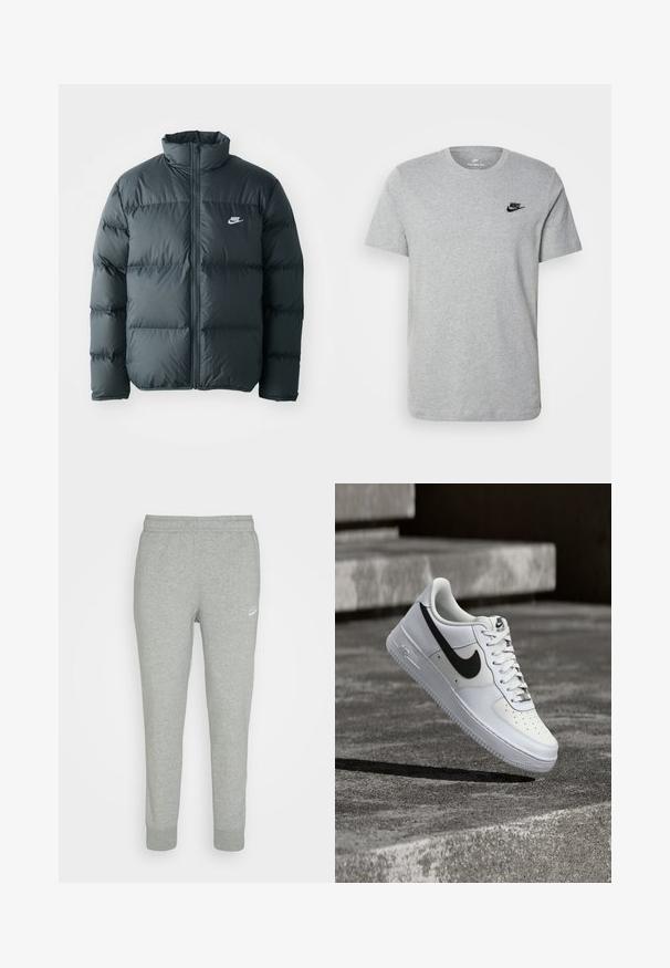 Čierna pérová bunda s prešívanými časťami, vysokým golierom a predným zipsom. Na hrudi sa nachádza malé biele logo Nike.; Sivý krátky rukáv T-shirt vyrobený z bavlny, s čiernym logom Nike na hrudi a okrúhlym výstrihom. Minimalistický dizajn bez vzorov.; Šedé tepláky z jemnej látky s úzkym strihom, elastickým pásom a malým bielym logom Nike na ľavom stehne.; Biela teniska Nike Air Force 1 s čiernym logom swoosh, zaviazanými šnúrkami, umiestnená vo vzduchu nad textúrovaným betónovým povrchom vonku.