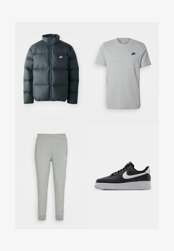 Schwarze Pufferjacke mit gesteppten Abschnitten, hohem Kragen und frontalem Reißverschluss. Verfügt über ein kleines weißes Nike-Logo auf der Brust.; Graues T-Shirt mit kurzen Ärmeln aus Baumwolle, mit einem schwarzen Nike-Logo auf der Brust und einem runden Ausschnitt. Minimalistisches Design ohne Muster.; Graue Sweatpants aus weichem Stoff, mit schmal zulaufendem Bein, elastischem Bund und kleinem weißen Nike-Logo am linken Oberschenkel.; Schwarze Ledersneaker mit strukturierten Oberflächen, weißem Nike-Swoosh, grauer Sohle, runder Zehenpartie und Schnürdesign. Verfügt über Perforationen an der Zehenbox.
