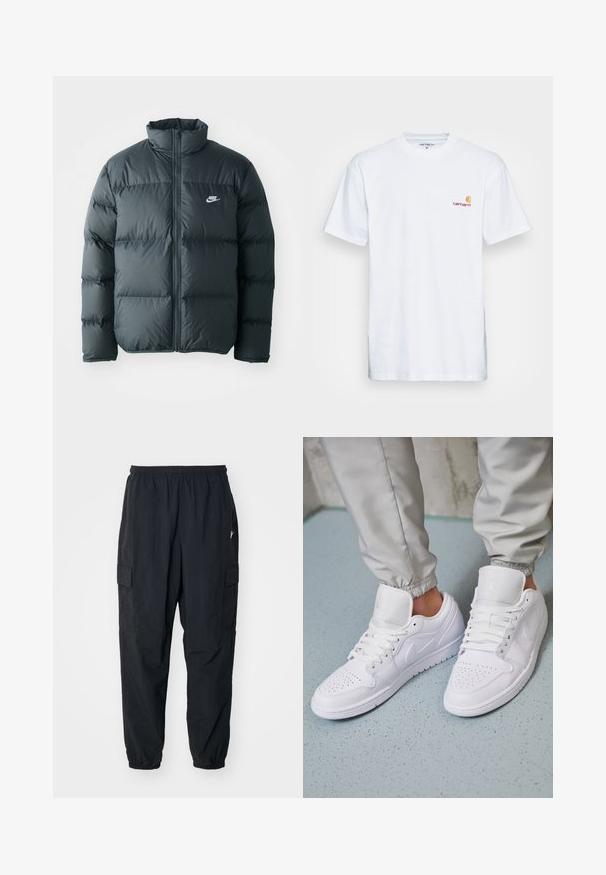 Must must jacket, millede õmblustega, kõrge krae ja esine lukuga. Rinnal on väike valge Nike logo.; Valge puuvillane T-särk lühikeste varrukatega. Disainitud väikese oranži ja marooni logoga vasakul rinnal. Omab klassikalist ümarat kaelust.; Mustad mustad püksid kergest materjalist, elastse vöökoha, küljetaskute ja lõdva istuvuse ning elastsete mansettidega.; Valged nahast tossud sisaldavad perforatsiooni varvaste osas, lame nöörid, pehmendatud kaelus ja Jordani logo keelega. Kanda hallide spordipükstega.
