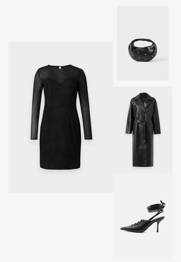 Zwarte leren trenchcoat met een dubbelzijdige voorkant, grote revers, brede mouwen en een verwijderbare riem in de taille. Soepele textuur.; Zwart aansluitend jurkje met transparante lange mouwen en een transparante yoke, sweetheart halslijn en een knielange zoom.; Zwarte pumps met spitse neus en hoge hak, met veters aan de voorkant en riempjes die rond de enkel wikkelen en zijn gestrikt in een strik, gezien vanaf de zijkant tegen een witte achtergrond.; Zwarte leren handtas met een afgeronde vorm, versierd met zilveren studs, en een korte handgreep. Gladde textuur en ritsluiting.