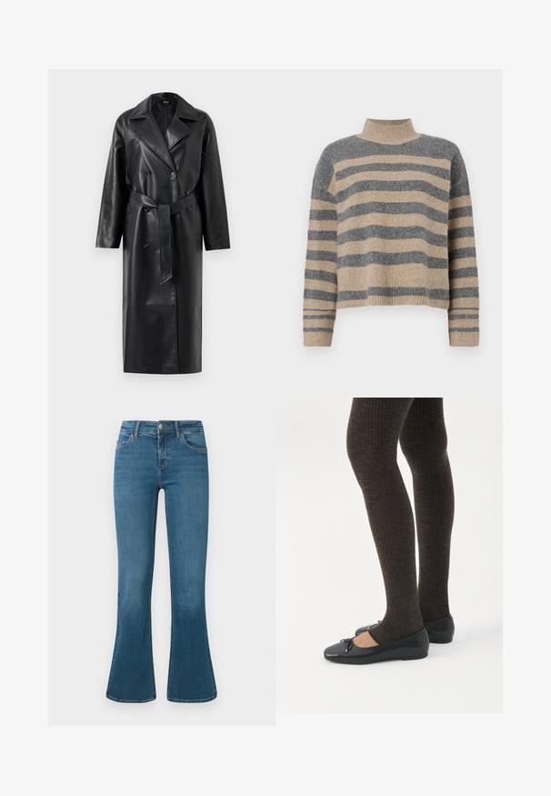 Sort læder trench coat med dobbeltknap-forside, store opklappede kraver, brede ærmer og et aftageligt bælte i taljen. Glat tekstur.; Striktrøje med striber i grå og beige farver, høj hals, brede manchetærmer og en afslappet pasform med et cropped design.; Blå denim flared jeans med en mellemhøj talje, fem-lomme design og diskrete syninger. Glat tekstur med en klassisk vask.; Ben iført mørke ribbede leggings kombineret med sorte balletsko med små sløjfedetaljer på hvid baggrund.