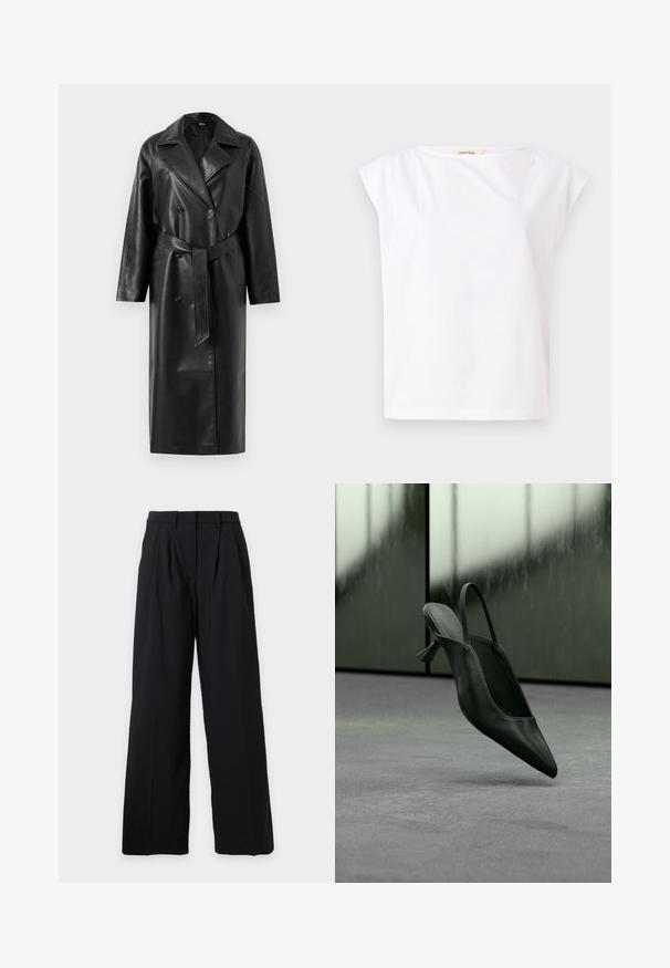 Sort læder trench coat med dobbeltknap-forside, store opklappede kraver, brede ærmer og et aftageligt bælte i taljen. Glat tekstur.; Hvid kortærmet bomulds t-shirt med rund halsudskæring og en lille "Selected" label inde i kraven.; Sorte bukser med høj talje og vide ben, med forreste læg og bæltestropper, lagt fladt på en lys baggrund.; Sort læder slingback højhælet sko med spids tå svævende over gråt tæppe, sløret grønlig væg i baggrunden.