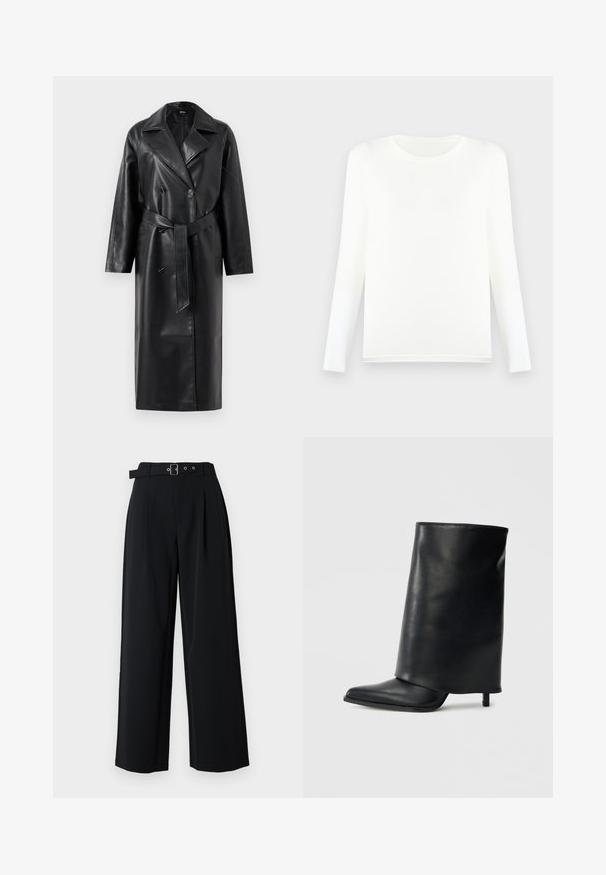 Sort læder trench coat med dobbeltknap-forside, store opklappede kraver, brede ærmer og et aftageligt bælte i taljen. Glat tekstur.; Langærmet hvid t-shirt lavet af blødt stof, med rund halsudskæring og en lige kant forneden uden synlige mønstre eller hardware.; Sorte bukser med vide ben og plisseringer, med bælte med spænde i metal og dobbelte bæltestropper. Glat stof med et rent design.; Sort læderankelstøvle med et struktureret, ombukket design, spids tå og en tynd hæl. Glat tekstur med minimalt detaljer.