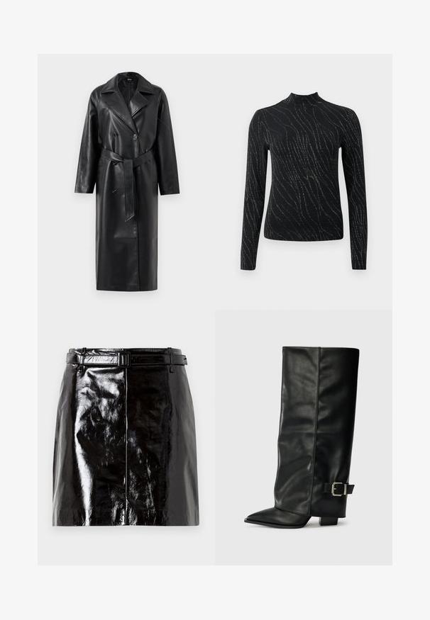 Zwarte leren trenchcoat met een dubbelzijdige voorkant, grote revers, brede mouwen en een verwijderbare riem in de taille. Soepele textuur.; Zwart langave top met een hoge halslijn, voorzien van een golvend patroon van zilveren sparkles op een gestructureerde stof. Strak ontwerp.; Zwarte glanzende leren minirok met bijpassende riem en centrale naaddetails.; Zwarte leren enkellange laarzen met een spitse neus, een gladde textuur en een zilveren gesps Accent aan de zijkant. Stevige vierkante hak.