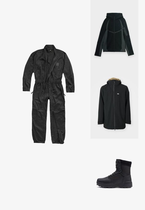 Zwarte waterdichte jas met een voering van bont in de capuchon, een ritssluiting aan de voorkant en een logo patch. Voorzien van lange mouwen en verstelbare manchetten. Getextureerde stof.; Brandit BRANDIT HERREN EINSATZKOMBI - Jumpsuit - black; Zwarte en donkergrijze hoodie met een ritssluiting aan de voorkant, een grote capuchon en een zijzak met ritssluiting. Heeft een gestructureerd ontwerp en contrasterende panelen.; Zwarte tactical boot met een gladlederen bovenkant en stofpanelen, hoge enkelontwerp, vetersluiting aan de voorkant en robuuste rubberen zool.