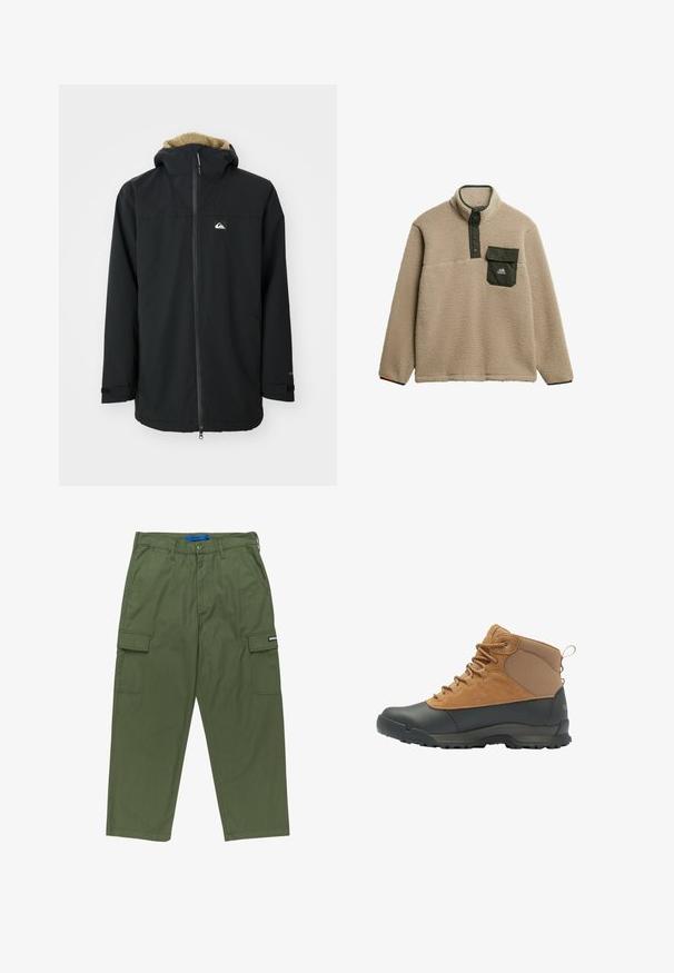 Zwarte waterdichte jas met een voering van bont in de capuchon, een ritssluiting aan de voorkant en een logo patch. Voorzien van lange mouwen en verstelbare manchetten. Getextureerde stof.; Beige fleecetroyer met hoge kraag, groene drukknoopsluiting en een borstzak. Het materiaal heeft een zachte, textuurachtige afwerking. Berglogo op de zak.; Groene cargobroek met een rechte pasvorm, meerdere zijzakken en een ritssluiting. Gemaakt van duurzaam katoen. Voorzien van een merkembleem.; Sorel Veterboots - elk black