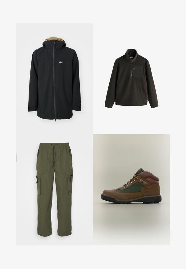 Veste imperméable noire avec une capuche doublée en fourrure, fermeture éclair à l'avant et patch logo. Comprend des manches longues et des poignets ajustables. Tissu texturé.; Polaire en vert olive foncé avec col montant, fermeture éclair sur le devant, et une poche poitrine zippée. Texture douce, coupe décontractée.; Pantalons cargo vert olive en tissu léger, avec une taille élastique, un système de fermeture à cordon, et plusieurs poches zippées.; Botte de randonnée en cuir marron et vert avec col rembourré, œillets métalliques, semelle noire et logos Timberland sur le côté et le talon.