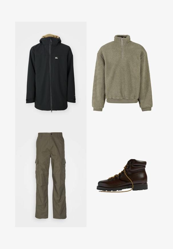 Zwarte waterdichte jas met een voering van bont in de capuchon, een ritssluiting aan de voorkant en een logo patch. Voorzien van lange mouwen en verstelbare manchetten. Getextureerde stof.; Fleece pullover in olijfgroen met een halve rits. Textuur aan de buitenzijde en geribde manchetten en zoom. De relaxed fit zorgt voor comfort.; Olijfgroene cargobroek met rechte snit, gemaakt van gestructureerde stof. Bevat grote zijzakken en een knoopsluiting.; Bruine leren wandelschoen met een ronde neus, gestructureerd oppervlak, gele veters en metalen oogjes. Heeft een robuuste zwarte rubberen zool.