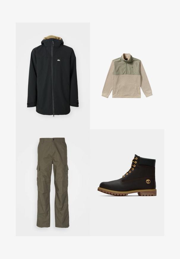 Veste imperméable noire avec une capuche doublée en fourrure, fermeture éclair à l'avant et patch logo. Comprend des manches longues et des poignets ajustables. Tissu texturé.; Pull en polaire beige et vert olive, avec un design à demi-zip, un col haut et deux poches latérales. Texture lisse sur le panneau supérieur.; Pantalons cargo olive avec une coupe droite, fabriqués en tissu texturé. Présente de grandes poches latérales et une fermeture à bouton.; Bottine noire en cuir avec œillets dorés, accents marron et semelle en caoutchouc. Comprend un col rembourré et un logo estampé sur le côté.