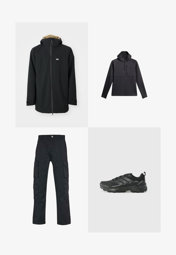 Schwarze wasserdichte Jacke mit einer mit Fell gefütterten Kapuze, Frontreißverschluss und Logo-Patch. Hat lange Ärmel und verstellbare Bündchen. Texturierte Oberfläche.; Schwarzer Pullover mit Kapuze, ausgestattet mit einem Viertel-Reißverschluss auf der Vorderseite, Raglanärmeln und einer mit Reißverschluss versehenen Brusttasche; glatte Textur und sportliches Design.; Schwarze Cargo-Hose mit geradem Bein, aus strapazierfähigem Material gefertigt. Verfügt über mehrere Seitentaschen und einen Knopfverschluss.; Schwarzer Sportschuh mit einem strukturierten Obermaterial aus Stoff, drei silbernen Streifen, verstärkter Zehenpartie und einer robusten Gummisohle für besten Halt.