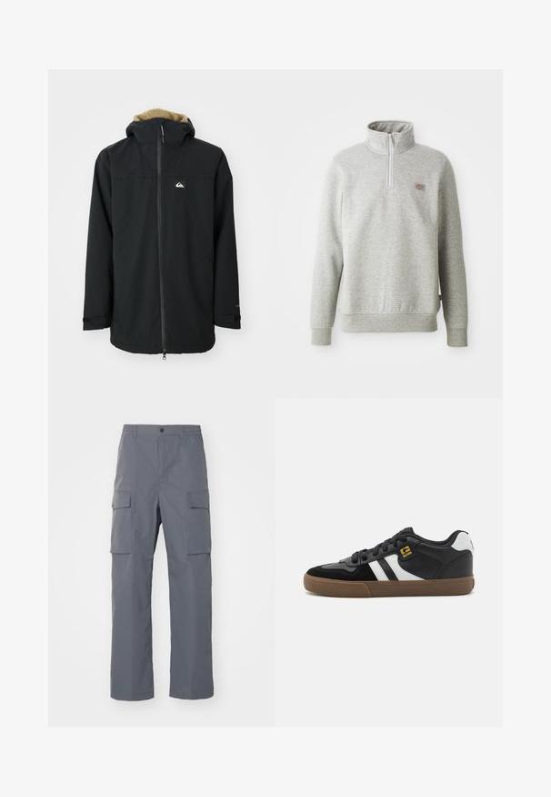 Zwarte waterdichte jas met een voering van bont in de capuchon, een ritssluiting aan de voorkant en een logo patch. Voorzien van lange mouwen en verstelbare manchetten. Getextureerde stof.; Grijze pullover sweatshirt met een hoge kraag, kwart rits aan de voorkant en geribde manchetten. Kenmerkt zich door een klein logopatch op de linkerborst.; Grijze cargobroek van duurzaam materiaal. Kenmerken zijn een elastische tailleband, twee grote zijzakken en een rechte pijp.; Zwart-witte sneakers met een bovenwerk van suède en leer, voorzien van witte strepen, zwarte veters en een bruine rubberen zool. Gouden logo-accenten.