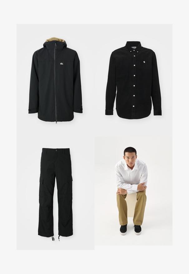 Veste imperméable noire avec une capuche doublée en fourrure, fermeture éclair à l'avant et patch logo. Comprend des manches longues et des poignets ajustables. Tissu texturé.; Chemise en velours côtelé noir avec un col boutonné. Elle présente des boutons blancs et un petit logo sur la poitrine. Manches longues avec des poignets boutonnés.; Pantalons cargo noirs en tissu durable, comportant deux poches latérales, une fermeture à bouton et des ourlets ajustables pour un look décontracté et ample.; Jeune homme en chemise blanche rayée et pantalon kaki assis penché en avant sur un tabouret, bras croisés, regardant droit devant sur un fond blanc.