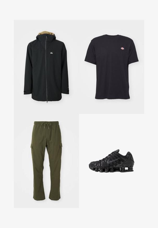 Veste imperméable noire avec une capuche doublée en fourrure, fermeture éclair à l'avant et patch logo. Comprend des manches longues et des poignets ajustables. Tissu texturé.; T-shirt noir à manches courtes et col rond avec un petit logo Dickies coloré sur la poitrine gauche, sur un fond uni.; Pantalons cargo vert olive avec une taille élastique, un cordon de serrage et des poches latérales. Le tissu semble doux avec une texture lisse.; Chaussures de sport noires en mesh et matériaux synthétiques, présentant un design ondulé distinct, une semelle en caoutchouc noire et des accents réfléchissants.