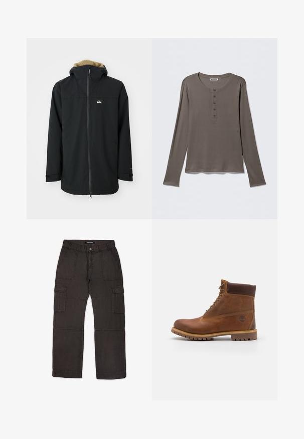Veste imperméable noire avec une capuche doublée en fourrure, fermeture éclair à l'avant et patch logo. Comprend des manches longues et des poignets ajustables. Tissu texturé.; Chemise henley grise à manches longues avec cinq boutons et encolure ronde, présentée sur un fond blanc uni.; Pantalons cargo en tissu gris foncé avec plusieurs poches, fermeture à bouton sur le devant et détails cousus le long des coutures. Coupe plate à l'avant et ajustement décontracté.; Botte de randonnée en cuir marron avec une finition lisse, cheville rembourrée, œillets en métal et semelle en caoutchouc dotée d'un motif de crampons robuste.
