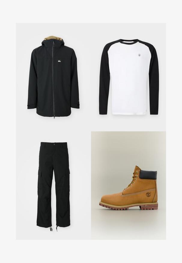 Veste imperméable noire avec une capuche doublée en fourrure, fermeture éclair à l'avant et patch logo. Comprend des manches longues et des poignets ajustables. Tissu texturé.; T-shirt à manches longues à col rond avec un corps blanc et des manches raglan noires. Présente un petit logo sur la poitrine. Confectionné en coton.; Pantalons cargo noirs en tissu durable, comportant deux poches latérales, une fermeture à bouton et des ourlets ajustables pour un look décontracté et ample.; Bottine en cuir marron avec col noir, lacets jaunes et semelle beige. Présente un logo et des détails de couture blanche. Semelle extérieure à traction robuste.