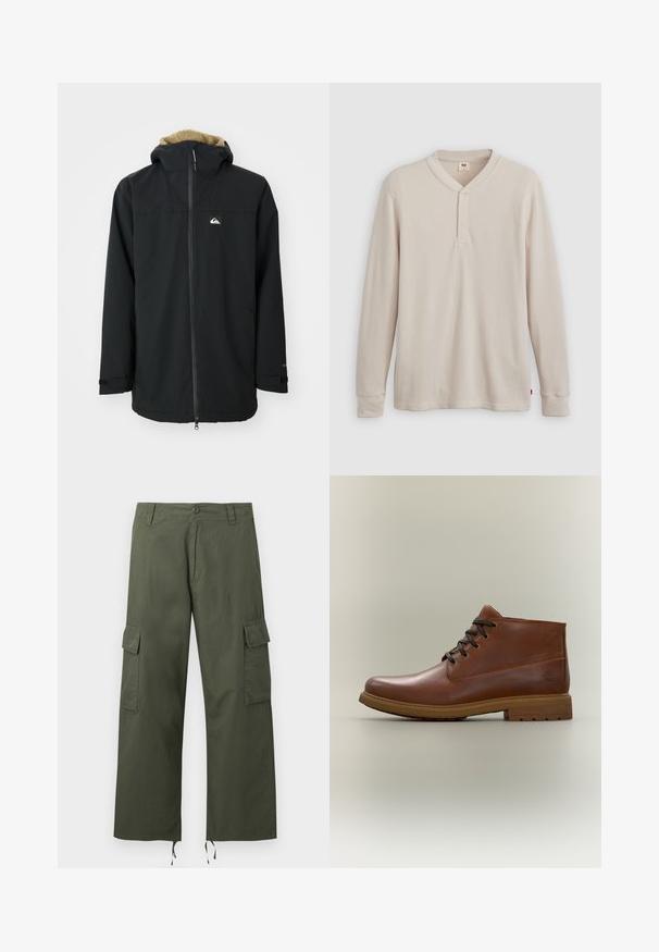 Zwarte waterdichte jas met een voering van bont in de capuchon, een ritssluiting aan de voorkant en een logo patch. Voorzien van lange mouwen en verstelbare manchetten. Getextureerde stof.; Lange mouwen henley-shirt in lichtbeige ribbelstof, met een V-hals, een drieknoopsluiting en manchetten. Rode logo-label aan de onderkant.; Olijfgroene cargobroek met zijflapzakken, knoopsluiting, riemlussen en verstelbare trekkoorden aan de brede pijpzomen.; Bruine leren veter enkellaars met rubberen zool, eenvoudige stiksels en een klein reliëflogo nabij de hiel op een lichte achtergrond.