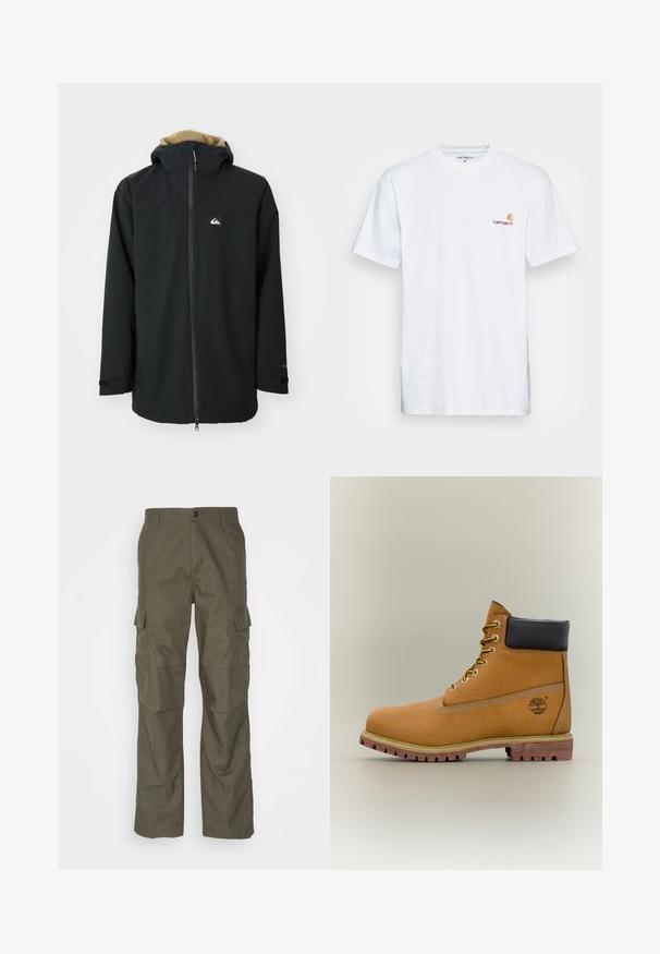 Veste imperméable noire avec une capuche doublée en fourrure, fermeture éclair à l'avant et patch logo. Comprend des manches longues et des poignets ajustables. Tissu texturé.; T-shirt en coton blanc à manches courtes. Doté d'un petit logo orange et bordeaux sur la poitrine gauche. Présente un col rond classique.; Pantalons cargo olive avec une coupe droite, fabriqués en tissu texturé. Présente de grandes poches latérales et une fermeture à bouton.; Bottine en cuir marron avec col noir, lacets jaunes et semelle beige. Présente un logo et des détails de couture blanche. Semelle extérieure à traction robuste.