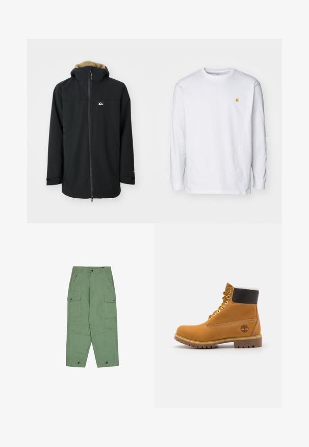 Zwarte waterdichte jas met een voering van bont in de capuchon, een ritssluiting aan de voorkant en een logo patch. Voorzien van lange mouwen en verstelbare manchetten. Getextureerde stof.; Witte lange mouwen t-shirt van katoen. Voorzien van een klein gouden logo op de borst en een ronde hals. Eenvoudig ontwerp en standaard pasvorm.; Groene cargo broeken met een ontspannen pasvorm, twee grote zijzakken en verstelbare enkels. Gemaakt van gestructureerde katoenstof.; Bruine leren enkellaars met metalen oogjes, witte faux bont voering, zwarte gewatteerde kraag, robuuste zool en een reliëflogo aan de zijkant.