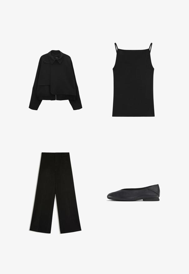 Schwarze Jacke mit strukturiertem Kragen, Reißverschluss vorne und asymmetrischem Design. Verfügt über einen Knopfakzent und eine mehrlagige Stofftextur.; Schwarzes ärmelloses Tanktop mit dünnen doppelten Schulterträgern auf weißem Hintergrund.; Schwarze Hosen mit weitem Bein, Gürtelschlaufen, Knopfverschluss vorne und Reißverschluss, flach auf weißem Hintergrund ausgelegt.; Schwarze Lederflats mit runder Zehenpartie und niedrigem Absatz, geeignet für Freizeit- oder formelle Anlässe.