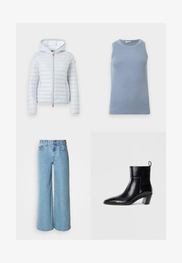 Veste matelassée gris clair à capuche avec fermeture éclair frontale et deux poches latérales, équipée de petites tirettes de fermeture éclair orange.; Haut bleu sans manches avec une texture côtelée, un col rond et une coupe ajustée. Le tissu semble lisse et léger.; Jean large bleu clair en denim, avec une taille haute, un design à cinq poches et un léger dégradé sur le tissu.; Bottine en cuir noir avec un bout pointu, un talon empilé géométrique et une languette à l'arrière. Texture lisse et design épuré.