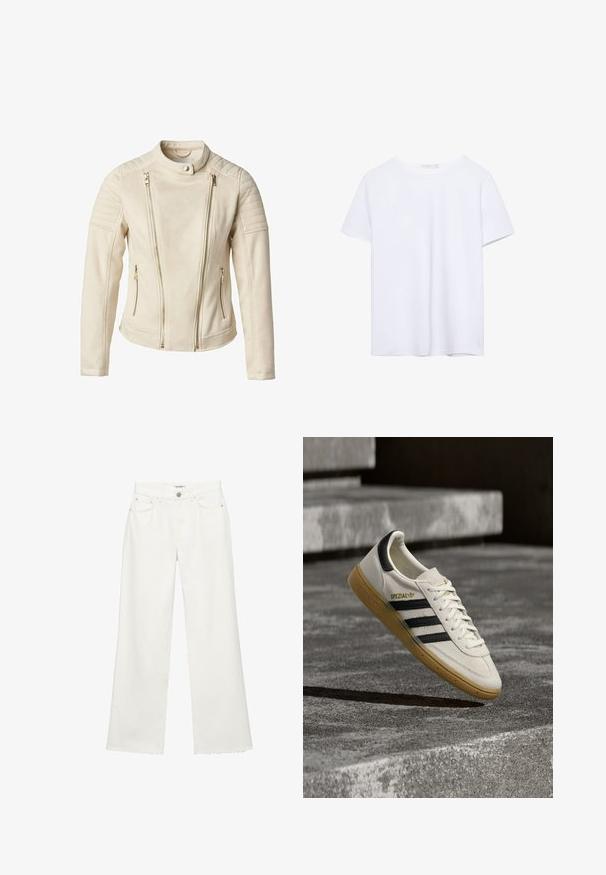 Beige jakke med en tætsiddende design, der har to frontlommer med lynlås og lodrette lynlåse. Teksturerede skulderpaneler tilføjer detaljer.; Simpel hvid kortærmet t-shirt med rund hals og lige kant, præsenteret på en hvid baggrund.; Hvide denim-bukser med vide ben, forlommer, bæltestropper, knaplukning og rå kanter nederst.; Hvid Adidas Spezial sneaker med sorte striber og gummisål, svævende over grå stentrin udendørs.