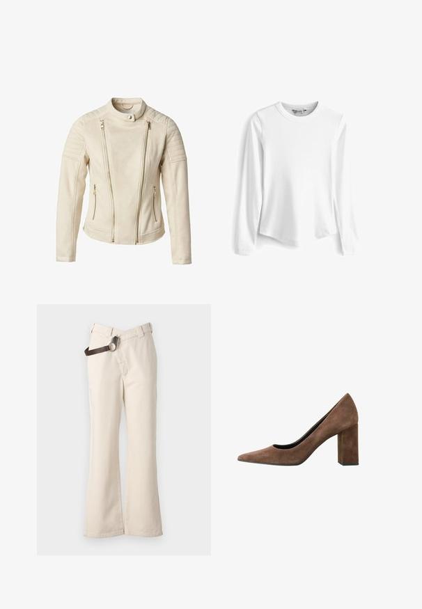 Beige jakke med en tætsiddende design, der har to frontlommer med lynlås og lodrette lynlåse. Teksturerede skulderpaneler tilføjer detaljer.; Hvid langærmet ribbet T-shirt med rund halsudskæring. Har en afslappet pasform og glat tekstur, hvilket gør den til et alsidigt og åndbart valg.; Pinko PAINT PANTALONE - Bukser - beige betulla; Brune ruskindspumps med spids tå, høj blokhæl og lav udskæring, vist i sideprofil mod hvid baggrund.