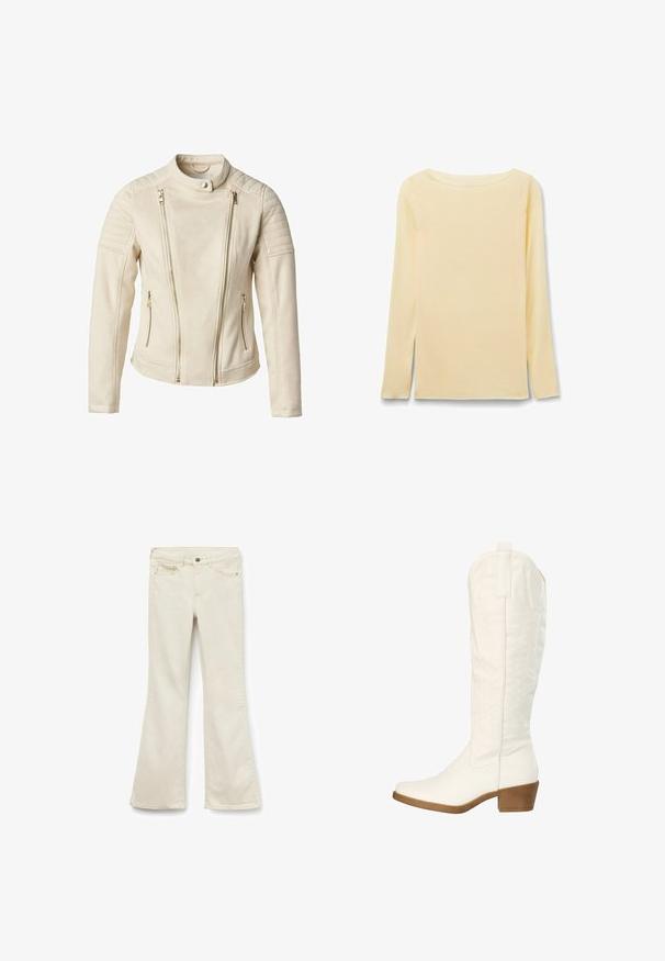 Chaqueta beige con un diseño ajustado, que cuenta con dos bolsillos frontales con cremallera y cremalleras verticales. Los paneles de hombros texturizados añaden detalle.; Camiseta ajustada de manga larga color crema, con un cuello redondo ancho, colocada sobre un fondo blanco.; Vaqueros acampanados de color beige claro, confeccionados en denim con una textura suave. Presenta una cinturilla clásica, bolsillos frontales y una cremallera.; Bota vaquera blanca hasta la mitad de la pantorrilla con costuras decorativas, tira para tirar, punta redondeada y tacón apilado de madera sobre un fondo blanco.