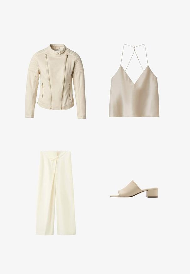 Beige jakke med en tætsiddende design, der har to frontlommer med lynlås og lodrette lynlåse. Teksturerede skulderpaneler tilføjer detaljer.; Beige satin camisole med dyb V-hals og tynde, krydsede spaghettistropper bagpå.; Bredbukser i cremefarve med høj talje og forreste bindedetalje i linningen.; Beige åben tå mule sandal med lav blokhæl og glat læderoverdel, vist i sideprofil på hvid baggrund.