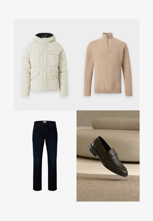 Helle beige gepolsterte Jacke mit Frontreißverschluss, drei blinden Taschen und einer schwarz gefütterten Kapuze, entworfen für kaltes Wetter.; Beiger, strukturiert gestrickter Pullover mit langen Ärmeln und einem kurzen vorderen Reißverschluss, der bis zum Stehkragen reicht, vor einfachem Hintergrund angezeigt.; Dunkelblaue Jeans in gerader Passform mit Fronttaschen, Gürtelschlaufen und Knopfverschluss in der Taille.; Schwarzer Lederloafer, der auf einem beigen Teppich liegt, mit einem gebogenen beigen Sofa im Hintergrund.