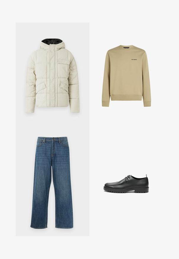Helle beige gepolsterte Jacke mit Frontreißverschluss, drei blinden Taschen und einer schwarz gefütterten Kapuze, entworfen für kaltes Wetter.; Beige Sweatshirt mit Rundhalsausschnitt, gerippten Bündchen und Saum. Enthält ein kleines schwarzes Logo auf der Brust. Hergestellt aus einem weichen, strukturierten Stoff.; Blaue Straight-Leg-Denim-Jeans mit klassischem Fünf-Taschen-Design und Knopfverschluss, dargestellt vor einem schlichten weißen Hintergrund.; Schwarze Lederschuhe mit glatter Oberfläche, runder Zehenform und dekorativer Naht. Mit einer Gummisohle mit Traktionsrillen und Schnürdesign.