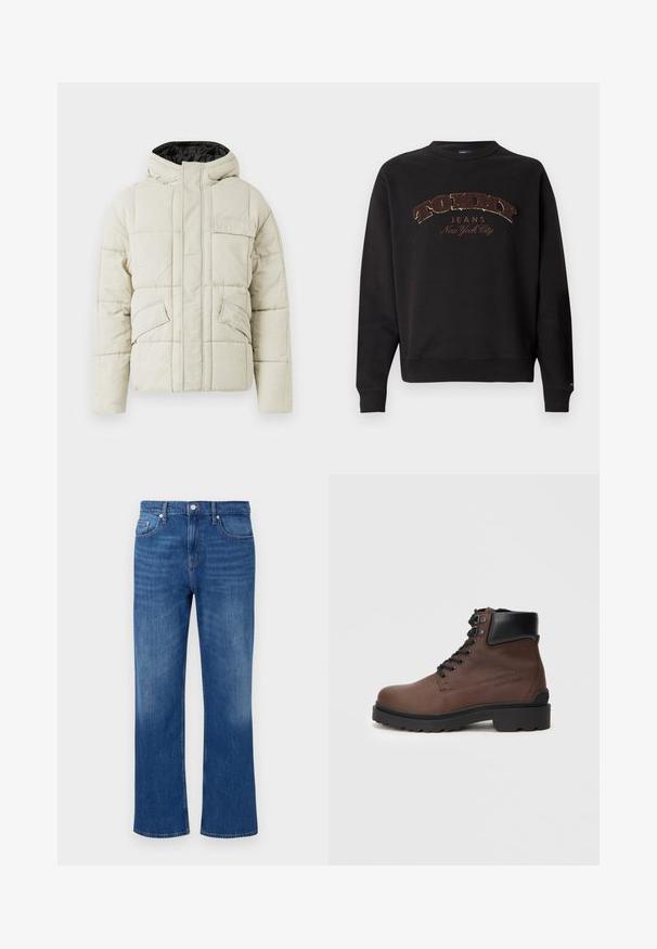 Helle beige gepolsterte Jacke mit Frontreißverschluss, drei blinden Taschen und einer schwarz gefütterten Kapuze, entworfen für kaltes Wetter.; Schwarzer Rundhalsausschnitt-Sweatshirt mit einem auffälligen goldenen und braunen gestickten "TOMMY JEANS New York City"-Logo auf der Vorderseite.; Blaue Denim-Jeans mit geradem Bein, ausgestattet mit einem klassischen Fünf-Taschen-Design, Metallknopfverschluss und subtilen Ausbleichungen.; Braune Leder-Stiefelette mit strukturierten Oberflächen, schwarzen Akzenten, runder Zehenform und rutschfester Sohle, ausgestattet mit sechs Ösen für die Schnürsenkel.