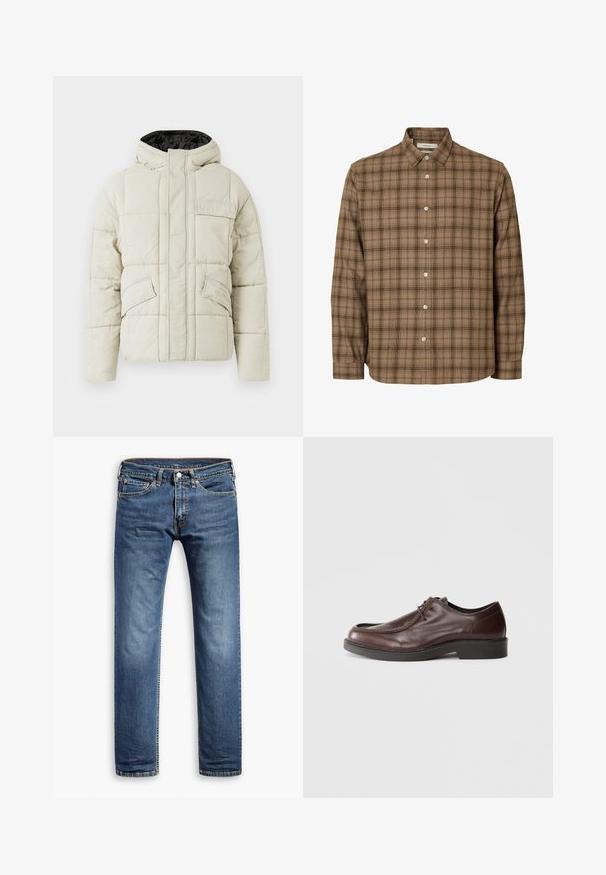 Helle beige gepolsterte Jacke mit Frontreißverschluss, drei blinden Taschen und einer schwarz gefütterten Kapuze, entworfen für kaltes Wetter.; Braunes kariertes Langarmhemd mit Knöpfen, Kragen, weißen Knöpfen und geradem Saum, auf weißem Hintergrund präsentiert.; Blaue Jeans aus Denim mit geradem Bein, klassischer Fünf-Taschen-Stil, dezente Ausbleichungen und Nähte entlang der Nähte.; Braune Lederdressschuhe mit einer abgerundeten Spitze, minimalen Nähakzenten und einer robusten schwarzen Sohle. Verfügt über eine Schnürung und eine glatte Textur.