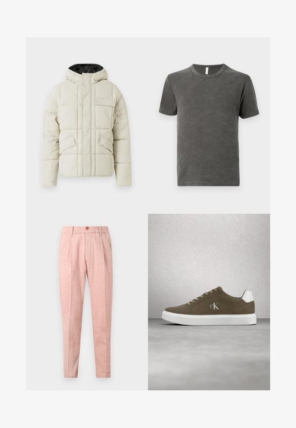 Helle beige gepolsterte Jacke mit Frontreißverschluss, drei blinden Taschen und einer schwarz gefütterten Kapuze, entworfen für kaltes Wetter.; Graues T-Shirt mit Rundhalsausschnitt aus weichem Stoff, mit kurzen Ärmeln und geradem Saum. Glatte Textur ohne sichtbare Muster oder Akzente.; Helle rosa maßgeschneiderte Herrenhose mit Gürtelschlaufen, Seitentaschen, vorderem Knopf und schmal zulaufenden Beinen auf einfachem Hintergrund.; Brauner Calvin Klein Sneaker mit weißer Sohle und Schnürsenkeln, präsentiert vor einer Wand aus Glasbausteinen und einem Betonboden.