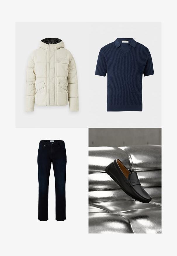 Helle beige gepolsterte Jacke mit Frontreißverschluss, drei blinden Taschen und einer schwarz gefütterten Kapuze, entworfen für kaltes Wetter.; Marineblaues kurzärmeliges Strick-Poloshirt mit Zopfmuster und V-Ausschnitt vor hellem grauem Hintergrund.; Dunkelblaue Jeans in gerader Passform mit Fronttaschen, Gürtelschlaufen und Knopfverschluss in der Taille.; Schwarzer Lederloafer, der über einem glänzenden silberfarbenen, gesteppte Ledersofa mit weicher Beleuchtung schwebt.