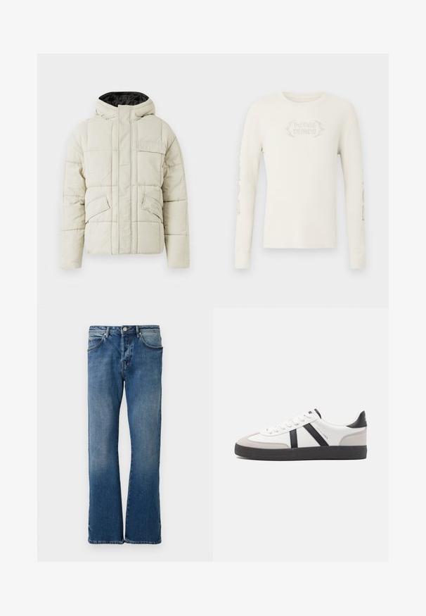 Helle beige gepolsterte Jacke mit Frontreißverschluss, drei blinden Taschen und einer schwarz gefütterten Kapuze, entworfen für kaltes Wetter.; Langärmeliges, cremefarbenes, geripptes T-Shirt mit der Stickerei "DODGE DEMON" auf der Vorderseite und Grafiken auf dem rechten Ärmel. Weiche Textur.; Helle blaue Jeans aus Denim mit geradem Bein, ausgestattet mit fünf Taschen, einem Knopfverschluss und subtilen Ausbleichungen auf dem Stoff.; Weiße Sneaker mit schwarz- und grau-aczenten, ausgestattet mit einer strukturierten grauen Zehenkappe, schwarzer Gummi-Sohle und flachen weißen Schnürsenkeln. Sauberes Design, minimalistische Stil.