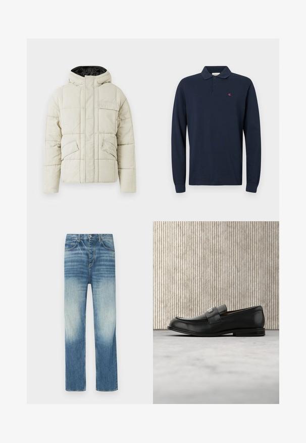 Helle beige gepolsterte Jacke mit Frontreißverschluss, drei blinden Taschen und einer schwarz gefütterten Kapuze, entworfen für kaltes Wetter.; Dunkelblaues Longsleeve-Polohemd mit Kragen, zwei Knöpfen und einem kleinen roten CK-Logo auf der linken Brust. Baumwollstoff.; Hellblaue Denim-Jeans mit verwaschenem Finish, geradem Schnitt, Fünf-Taschen-Design und Knopfverschluss am Bund.; Schwarzer Lederloafer mit einer Metallmarkenplatte, der nahe einem braunen runden Tisch auf beigem Teppichboden ruht.