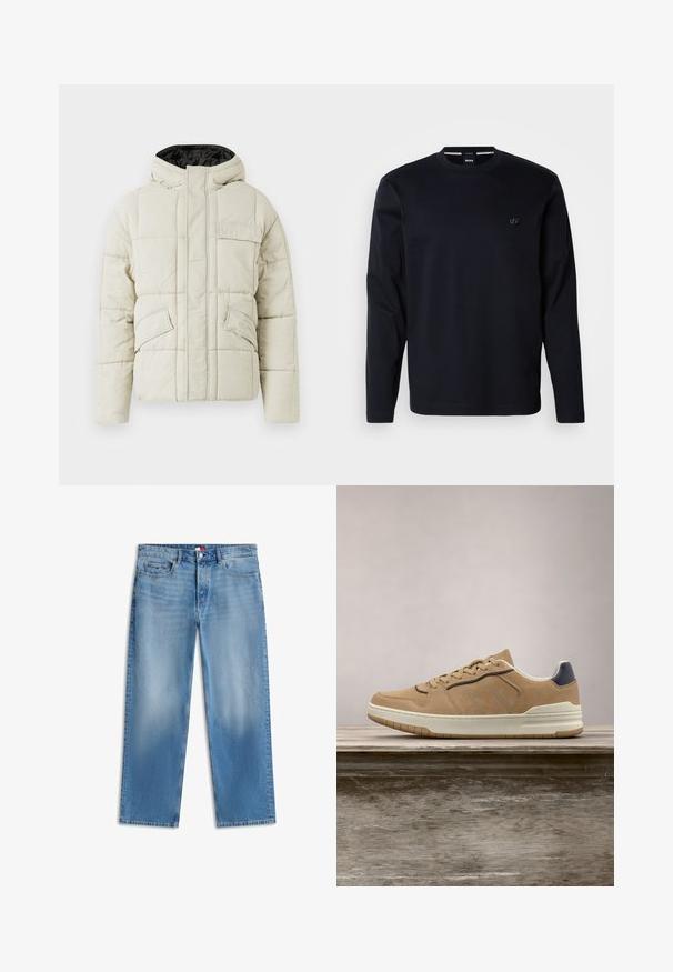Chaqueta acolchada color beige claro con cremallera frontal, tres bolsillos con solapa y capucha forrada en negro, diseñada para clima frío.; Camisa de manga larga en algodón azul marino oscuro, diseño de cuello redondo con un pequeño logotipo bordado en el pecho, con una textura suave y un corte regular.; Vaqueros de mezclilla azul claro de pierna recta con cinco bolsillos, cierre de botón y sutiles desgastes en los muslos y rodillas delanteras.; Deportiva de ante beige con suela de goma blanca, que presenta cordones beige, acentos en azul marino y detalles perforados en la puntera.