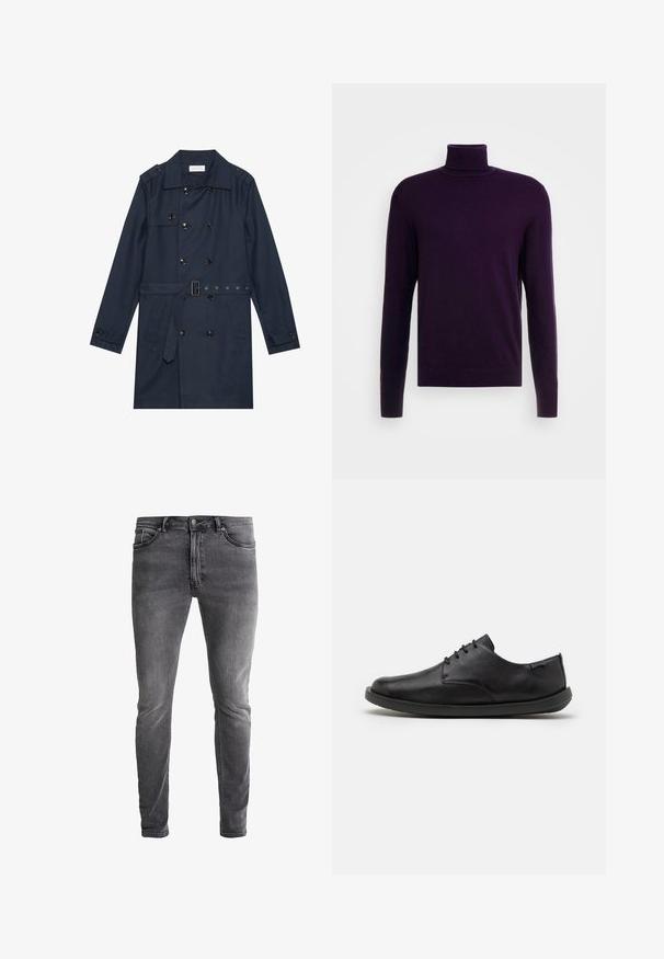 Marine trenchcoat i let stof, med dobbeltradet knaplukning, bæltestrop i livet og to sidelommer med klapdetalje.; Lilla turtleneck trøje med lange ærmer, lavet af blødt strikkemateriale; har en tætsiddende design og ribbede manchetter og kant.; Slanke grå denimjeans med en let stræk. Har fem lommer, lynlås foran og en kontrasterende metalknap. Vasket overflade med falmede effekter.; Sorte læder sko med en glat overflade, rund tå og minimal snøring. Har en flad gummisål og diskret branding på siden.