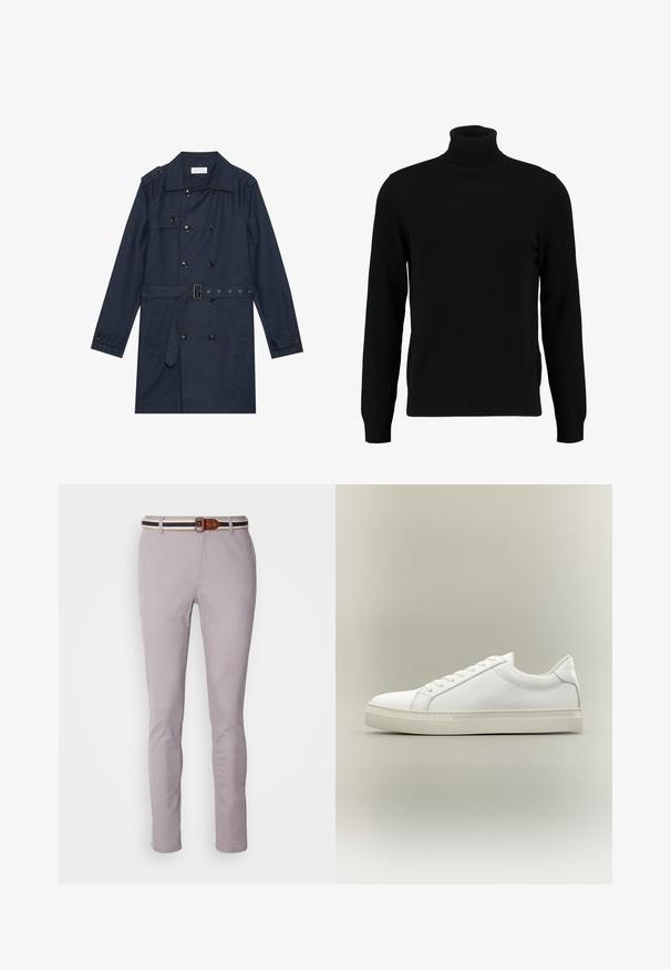 Marine trenchcoat i let stof, med dobbeltradet knaplukning, bæltestrop i livet og to sidelommer med klapdetalje.; Sort turtleneck sweater lavet af et blødt strikmateriale. Har lange ærmer, ribbet krave og kant. Enkel, slank design uden mønstre.; Lys grå bukser lavet af en bomuldsblanding, med smal pasform, flad front og et brunt og marineblåt stribet bælte med en rektangulær spænde.; Hvid lavtop sneaker med snørebånd foran og tyk sål, vist fra siden mod en neutral baggrund.