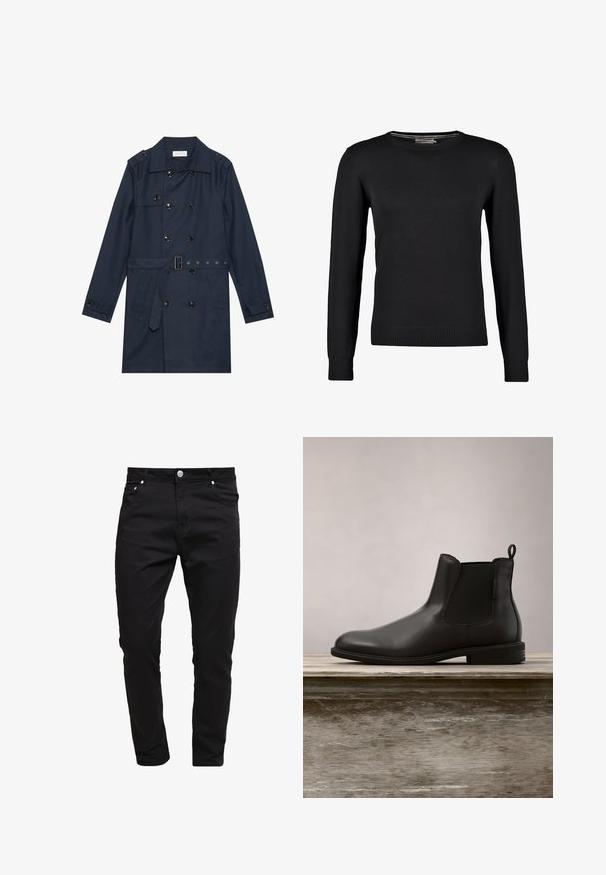 Marineblauwe trenchcoat van lichtgewicht stof, met dubbele knoopsluiting, ceintuur in de taille en twee zijzakken met flapdetail.; Zwarte gebreide trui met lange mouwen, ronde halslijn en geribde manchetten en zoom. Gladde textuur en getailleerd ontwerp.; Zwarte spijkerbroeken van denim stof, slim fit ontwerp, vijf-pocket stijl, met metalen knoopsluiting, gestikte details en een zachte textuur.; Zwarte leren enkelboot met een gladde textuur, ronde neus, elastische zijkanten en een trekkatch, geplaatst op een houten oppervlak.