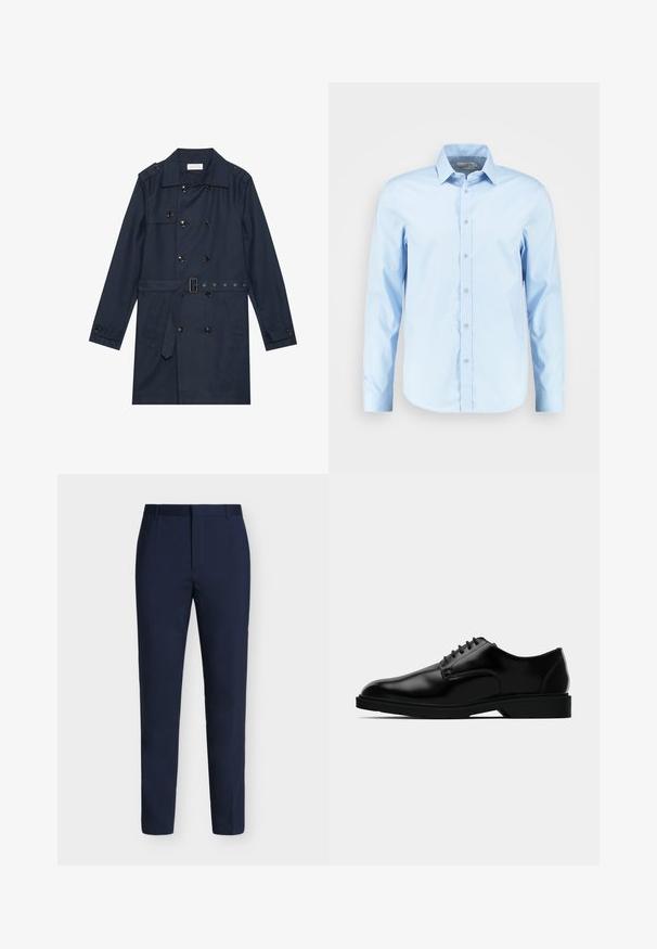 Manteau trench navy en tissu léger, présentant une fermeture à glissière double bouton, une taille ceinturée et deux poches latérales avec détail rabattu.; Chemise boutonnière à manches longues bleu clair en tissu lisse, avec un col pointu, une patte de boutonnage à l'avant et un ourlet arrondi.; Pantalon formel bleu marine avec passants de ceinture, fermeture éclair dissimulée à l’avant et jambes droites et slim sur un fond clair.; Chaussure habillée en cuir noir avec une finition lisse, bout rond, système de laçage, et semelle en caoutchouc discrète pour une meilleure traction.