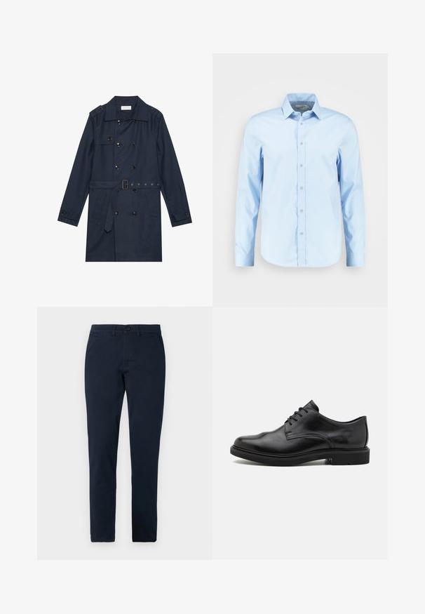 Marineblauwe trenchcoat van lichtgewicht stof, met dubbele knoopsluiting, ceintuur in de taille en twee zijzakken met flapdetail.; Lichtblauw overhemd met lange mouwen, gemaakt van gladde stof, met een puntige kraag, frontlabel en afgeronde zoom.; Heren slim-fit zwarte broek met knoop- en ritsluiting aan de voorkant, riemlussen en zijzakken.; Zwarte leren herenschoenen met vetersluiting en lage hak, zijaanzicht tegen een effen lichte achtergrond.